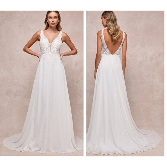 Lulus Forever Promised White Chiffon Embroidered Sequin Maxi Dress Size Medium